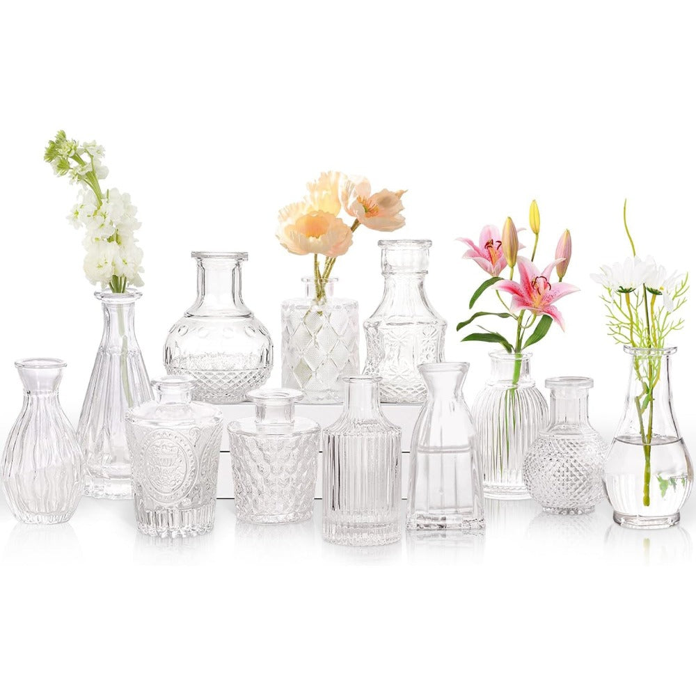 Juego de 12 jarrones de vidrio vintage para arreglos florales, con mini frascos de cristal transparente ideales para centros de mesa, decoración de bodas, uso doméstico y decoraciones para fiestas de flores
