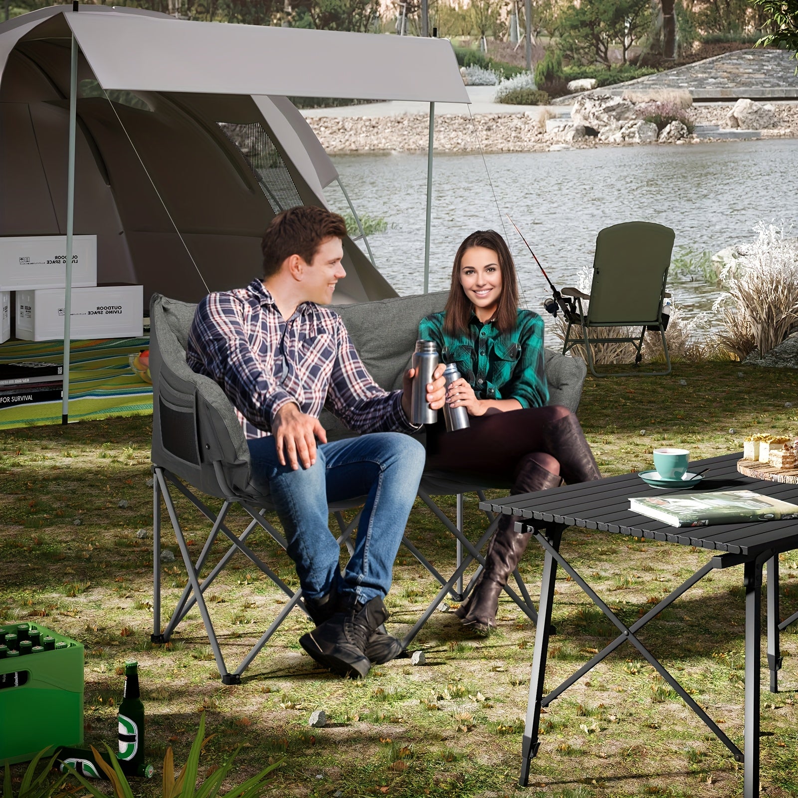 Silla de camping plegable doble con almohadilla suave y espesa, silla de descanso de alta carga para patio y balcón, silla de ocio de gran carga de 220 kg, portátil, adecuada para camping en patio, camping, piscina al aire libre.