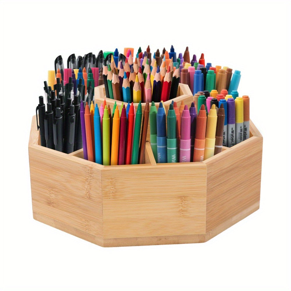 Organizador Giratorio Grande de Bambú con Base Giratoria de 360° y 8 Compartimentos - Capacidad para Más de 300 Bolígrafos, Lápices, Marcadores, Pinceles - Bambú Resistente con Divisor Extraíble para Artistas, Estudiantes, Oficina - Organizador Ahorrador
