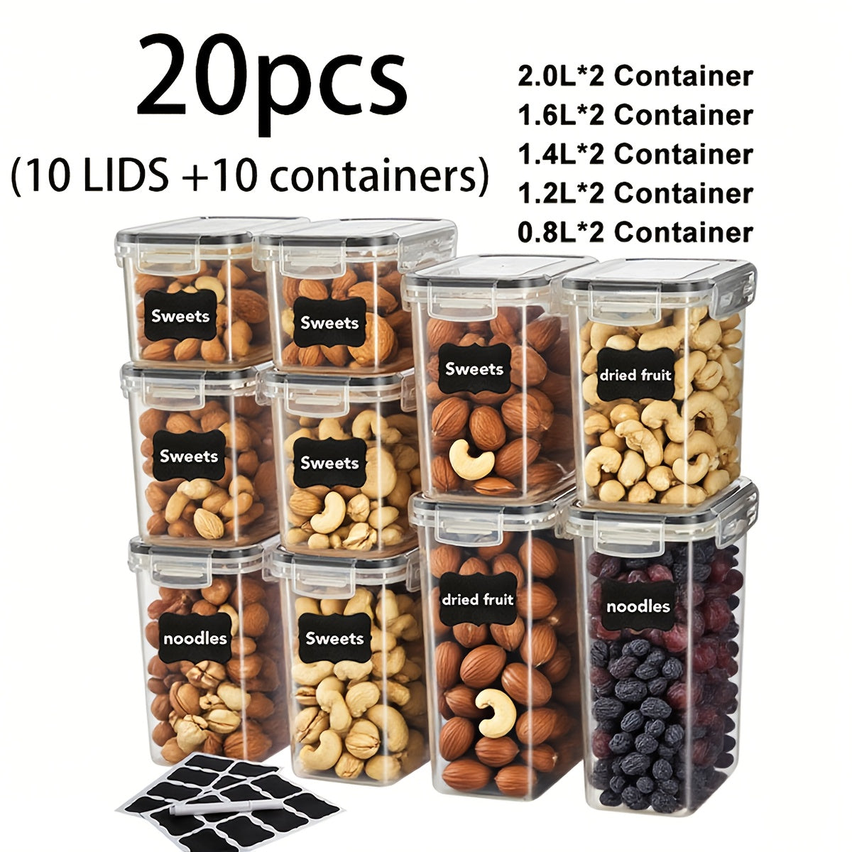 60/48/30/20/18/12 piezas de Recipientes Herméticos para Alimentos con TAPAS - Ideales para Organizar y Almacenar Granos, Arroz, Pasta, Té, Frutos Secos y Café en la Despensa de la Cocina - Incluye Etiquetas y Marcadores (30/24/15/10/9/6 TAPAS + 30/24/15/1