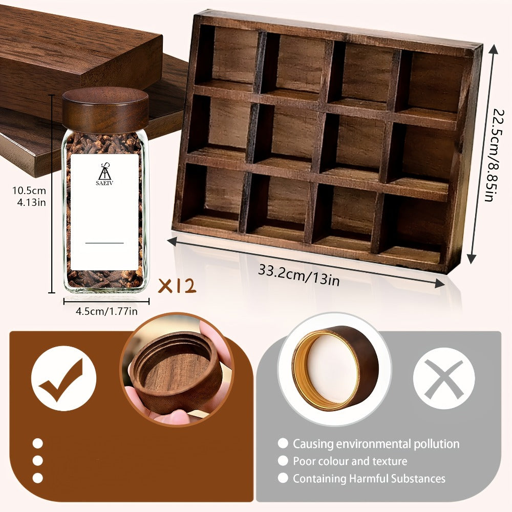 12/24 Piezas de Tarros para Especias y Estante de Madera de Acacia con Compartimentos - Cajón Vertical Adecuado para Despensa, Estante de Gabinete, Estante para Especias con Tarros Etiquetados, Etiquetas para Especias, Contenedores para Almacenamiento de