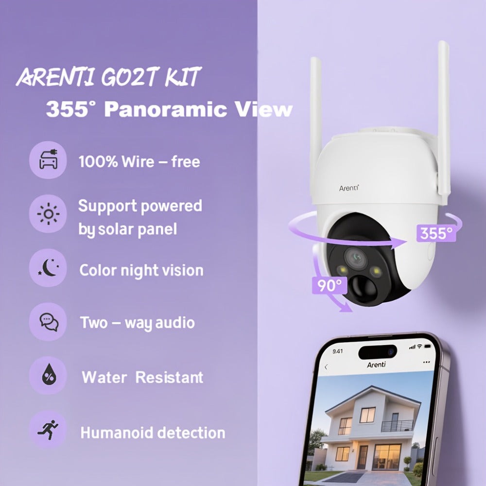 Cámara de Seguridad Inalámbrica Solar Arenti para Exteriores, Resolución de Video 3MP FHD, Batería de 5200mAh, CCTV para Seguridad del Hogar, Visión Nocturna a Color 1296P, Audio Bidireccional, Almacenamiento en Nube/SD, Sin Cuota Mensual, Detección de Mo