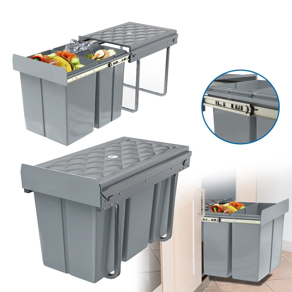 Basurero de Cocina Integrado con Rieles Telescópicos, Recogedor de Residuos Extensible para Bajo Mueble, Color Gris