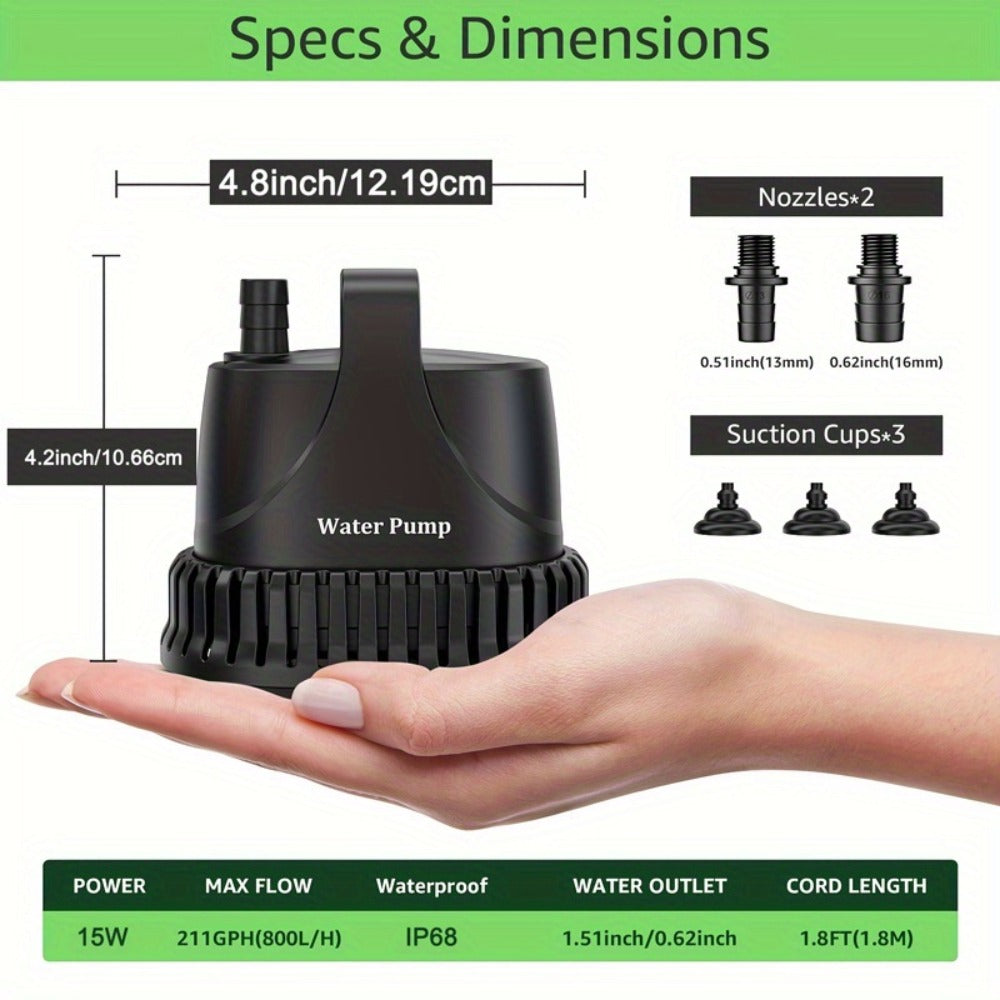Bomba de agua sumergible de 211 GPH, bomba para fuente de agua de 15 W, bomba para acuario, bomba de agua de 800 L/H con cable de alimentación de 213.36 cm para fuente de jardín, mesa de agua, cascada, pecera, estanque, hidroponía, sin batería