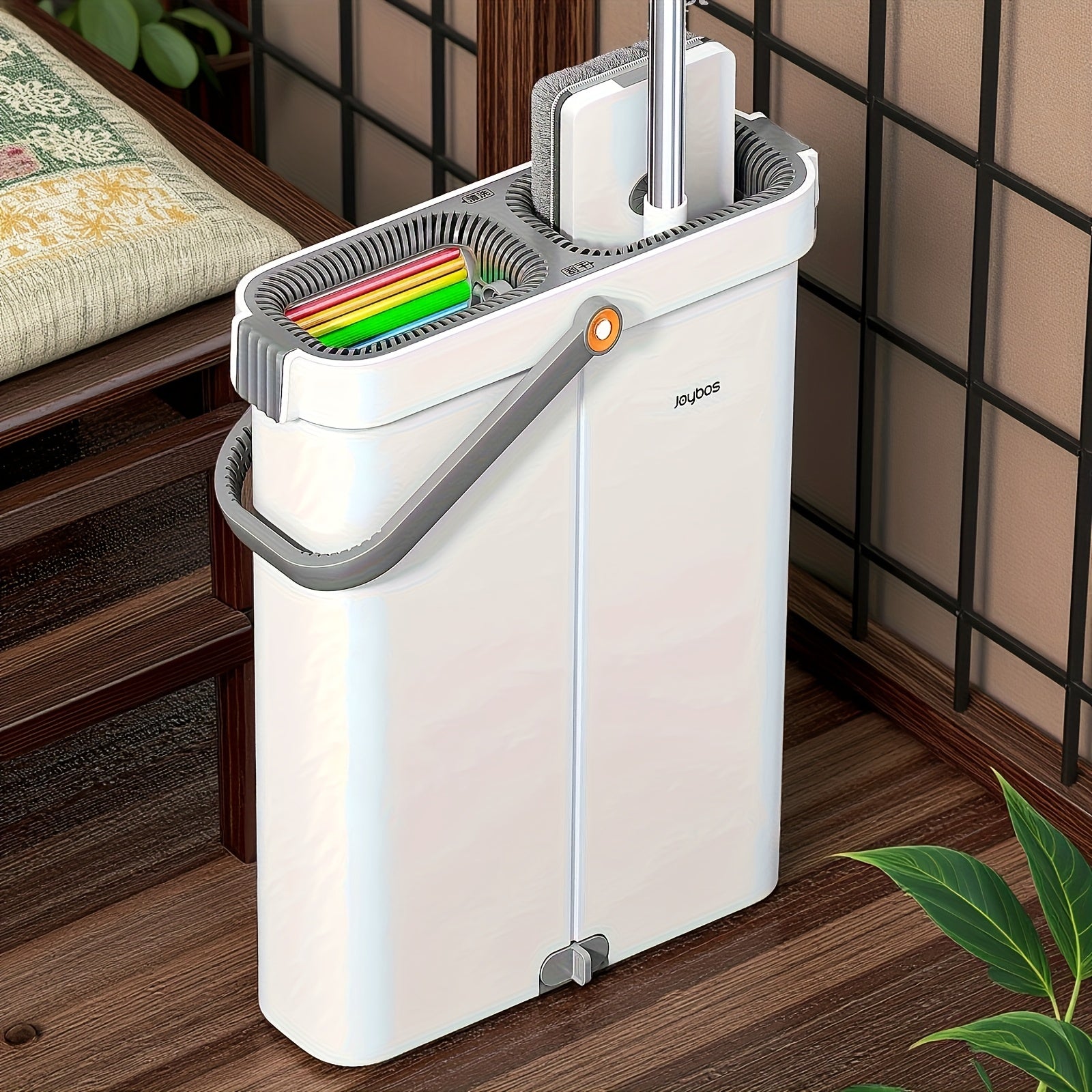 1 unidad de fregona plana Joybos con cubo para fregona para una limpieza fácil del piso, 4 paños de microfibra para quitar el polvo, fregona de plástico duradera, ideal para el hogar, la cocina, la sala de estar, el dormitorio, el uso en el piso del baño,