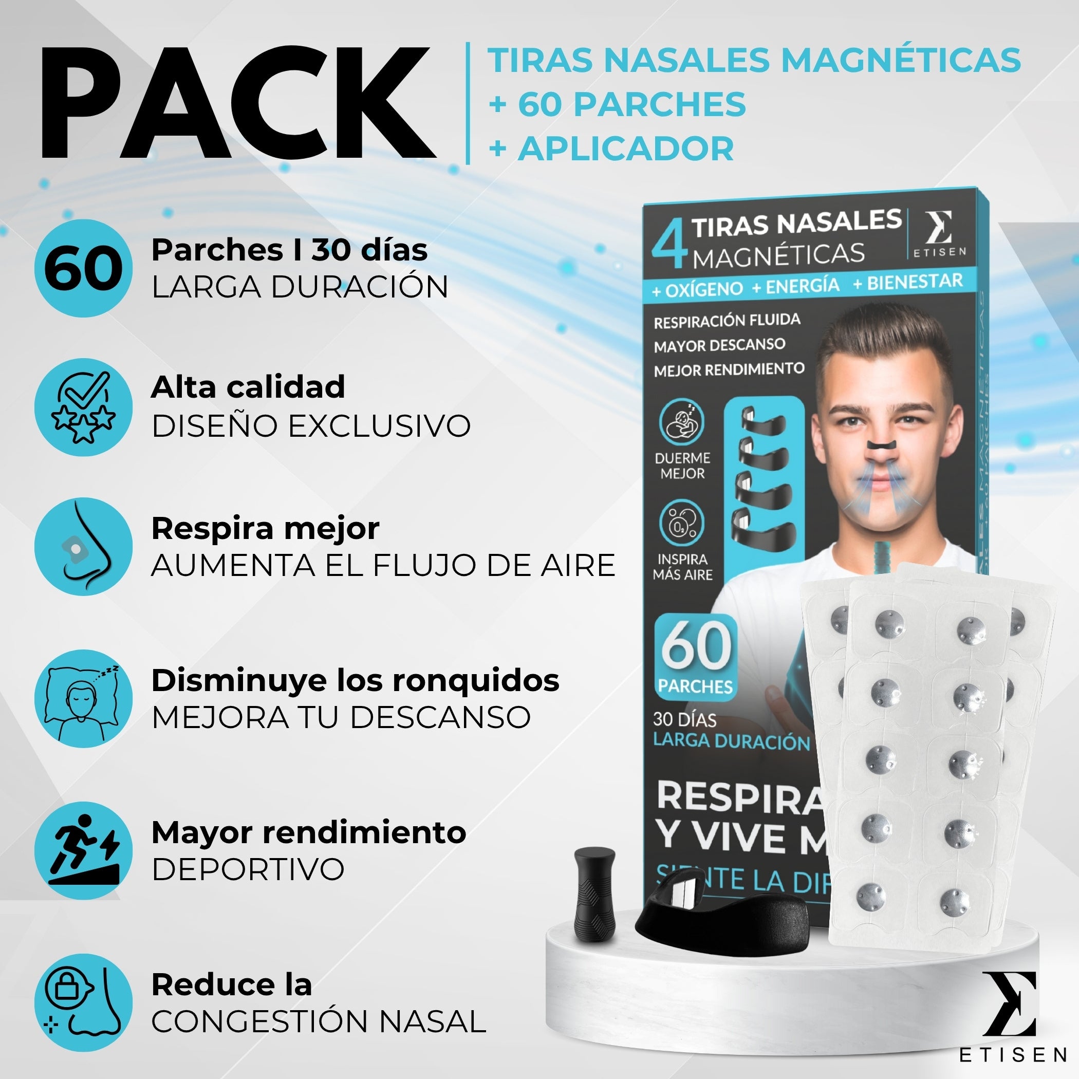 ETISEN, Tiras nasales magneticas, +60 parches, Ayudan a respirar mejor por la nariz, Tiras nasales antironquidos, Dilatador nasal magnetico, Guía de uso, Tiras nasales deportivas, Hipoalergénicos