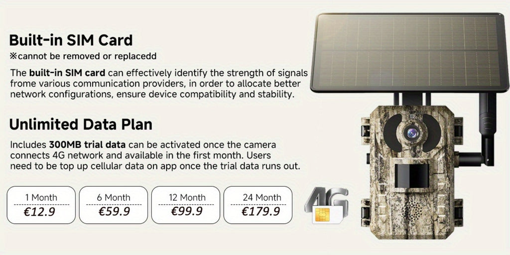 Cámara de Senderos Celular 4G LTE, Cámara para Juegos en Vivo 2K con Visión 360°, Tarjeta SIM Interna, Activación por Movimiento, Visión Nocturna a Color, Acceso Remoto desde Teléfono Móvil y Alimentada Solarmente