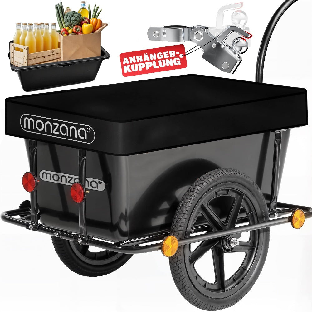 MONZANA® Remolque para Bicicleta con Tanque de Plástico de 90L, Incluye Cubierta de Lona, Remolque de Carga, Remolque de Transporte, Carro de Mano