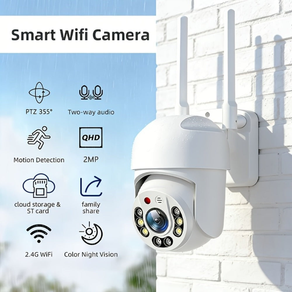 Cámara de seguridad Wifi para exteriores de 2.4Ghz, montaje en pared blanco, vista panorámica, visión nocturna a color, seguimiento automático, audio bidireccional y monitoreo de audio, alimentada por USB, habilitada para Wi-Fi, para granjas y jardines al