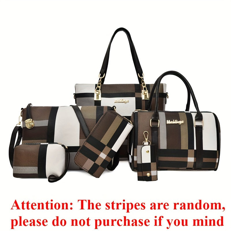 Juego de 6 piezas de bolso Vanaheimr para mujer, estampado de cuadros casual, las rayas son aleatorias, correa ajustable, cierre de cremallera, forrado, color de contraste de moda, combinación de bolso tote y bandolera de gran capacidad, ideal para regalo