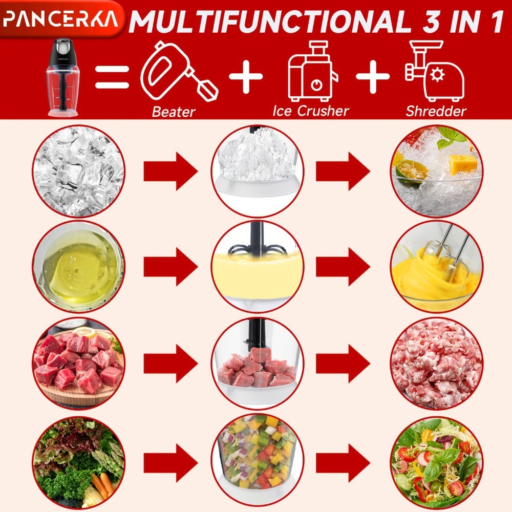 PANCERKA 1500ML Procesador de Alimentos Eléctrico con Picadora de Carne, Picadora, Batidora de Huevos y 6 Cuchillas, para Carne, Batidos, Verduras, Puré, Frutas, Ajo, Grande/Pequeño