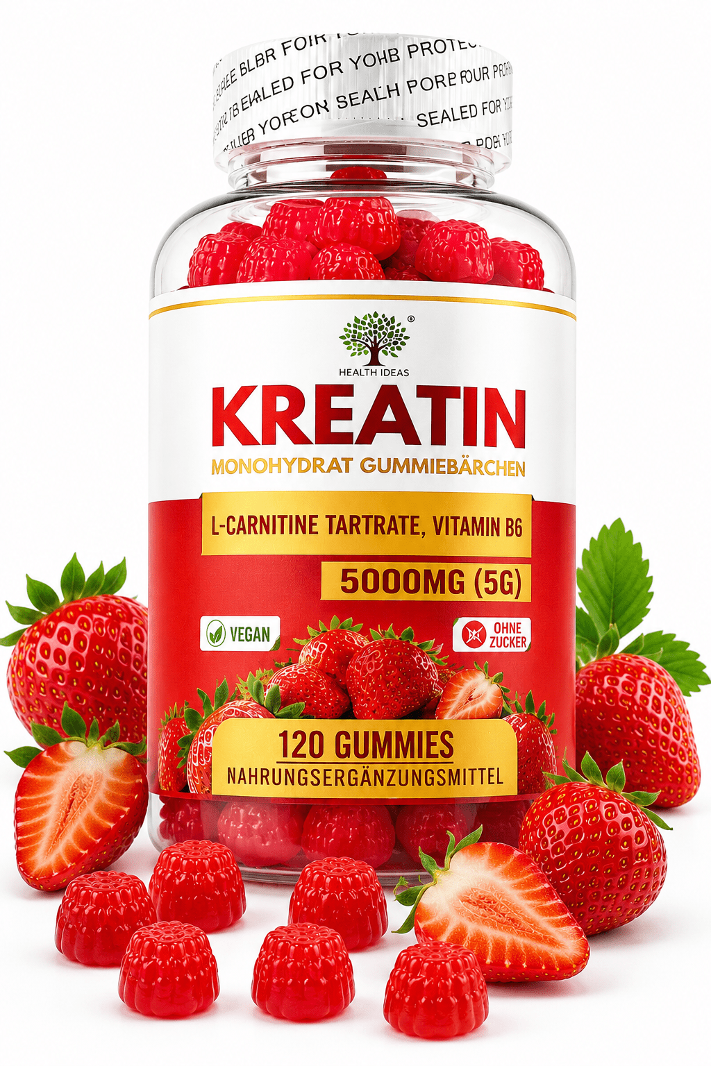 Creatina Monohidrato Gomas de Fresa 5000mg (5g) por Porción – 120 Gomas de Fresa Veganas – Con Tartrato de L-Carnitina y Vitamina B6 – Suplemento Alimenticio Sin Azúcar para Adultos – Fórmula Diaria Fácil de Masticar – Alternativa Conveniente a las Polvos