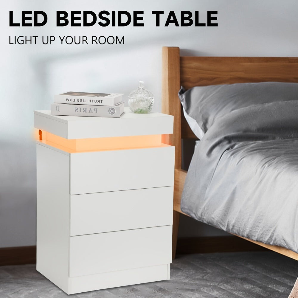 Mesita de noche LED con 3 cajones y 1 cajón superior, mesita de noche con brillo intenso en 4 lados, colores LED RGB, mesita de noche para dormitorio, sala de estar, muebles para el hogar, blanco