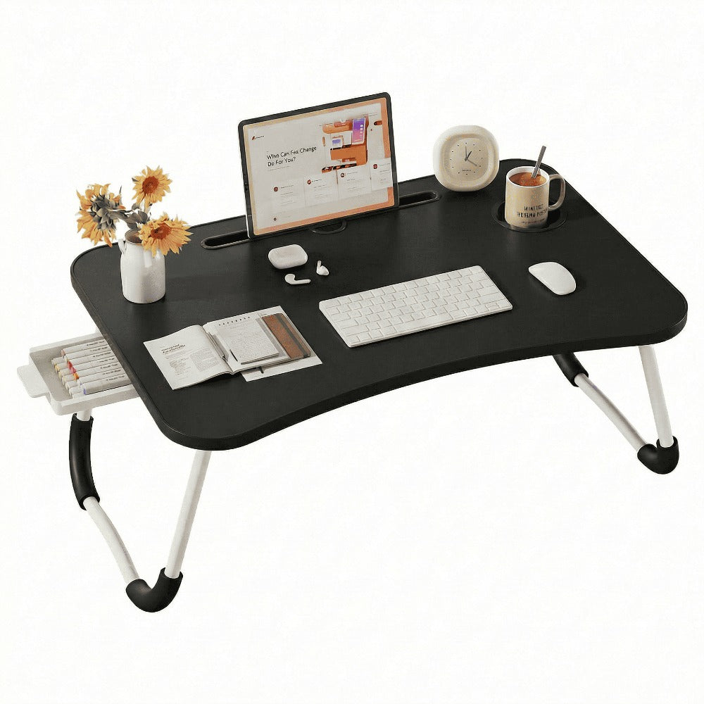 Mesa plegable multifunción para cama y sofá con portavasos, 60×40×28 cm, mesa auxiliar con atril para leer en la cama, bandeja multifunción para ordenador, libros, trabajo y estudio en casa (con cajón / sin cajón)