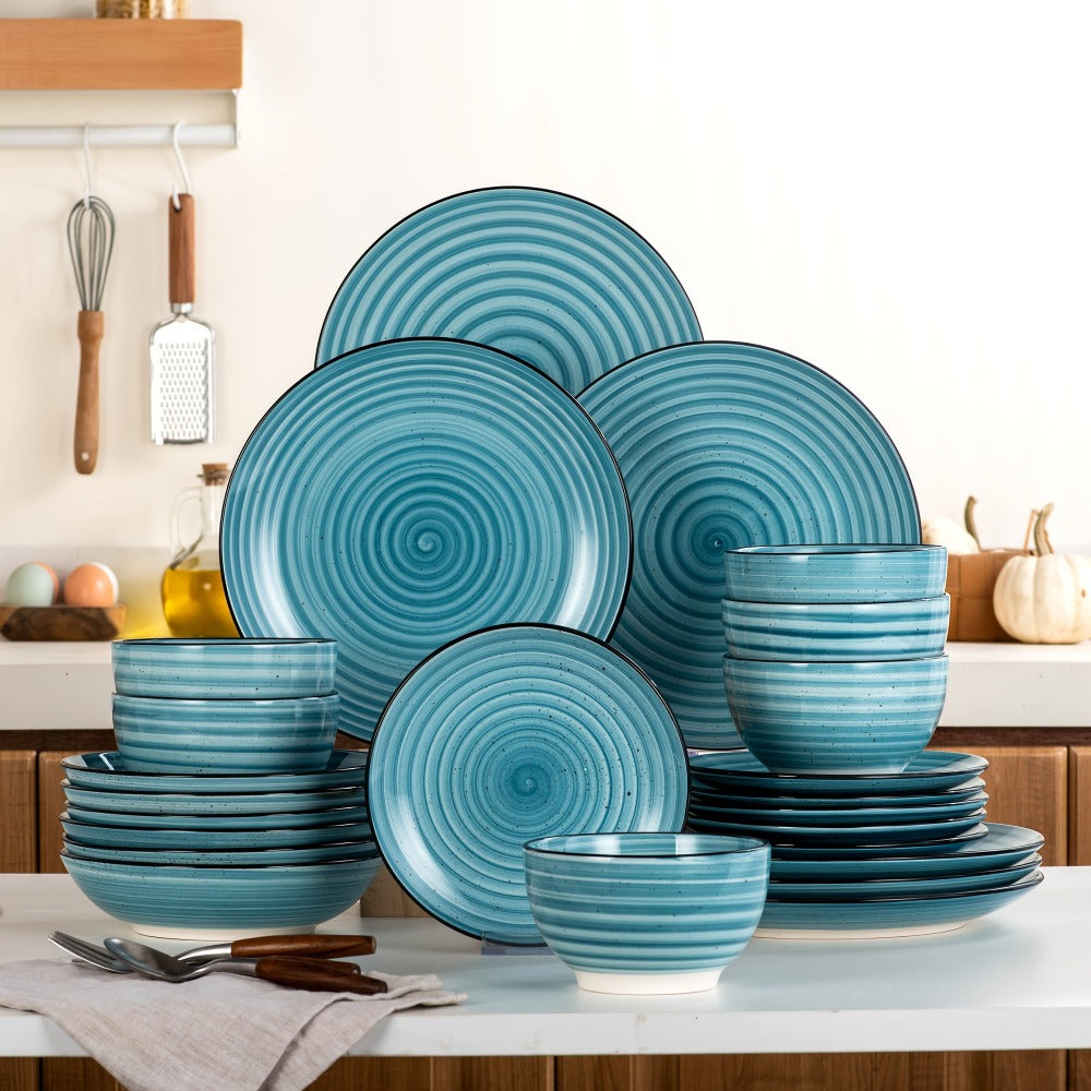 Juego de cena de 24 piezas para 6 personas, juego de platos y tazones con remolinos pintados a mano por ambos lados, juego de vajilla de porcelana, platos de cena, platos de postre, tazones para pasta y tazón para cereales, azul, apto para lavavajillas y