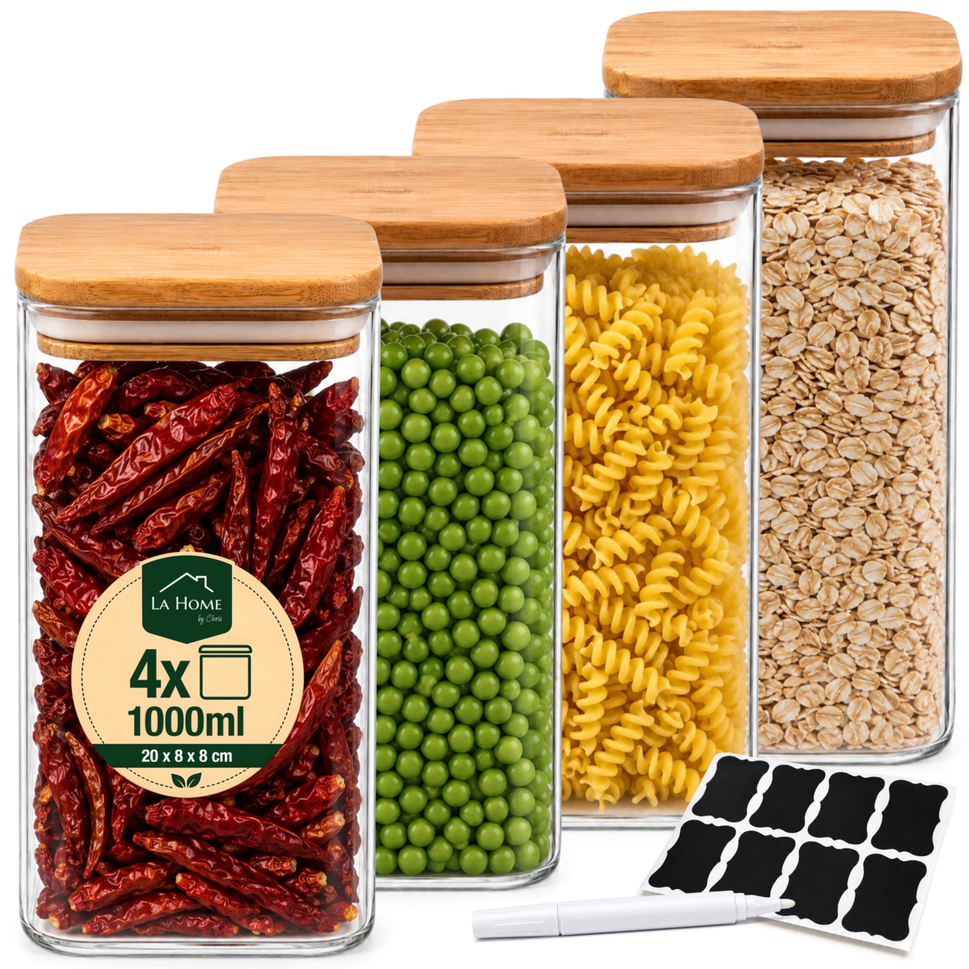 Set de recipientes grandes de vidrio para almacenamiento de alimentos, 4pza.s, 1000Ml | Tarros de cocina altos con tapa de bambú natural y sello de silicona | Contenedores de organización de cocina y despensa para productos secos, espagueti, arroz y cerea
