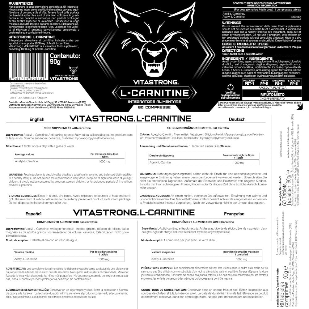 Vitastrong L-Carnitine 60 Tabletas | Suplemento Alimenticio con Acetyl L-Carnitine 1000 Mg Por Tableta, Fórmula Vegana, Sin Gluten
