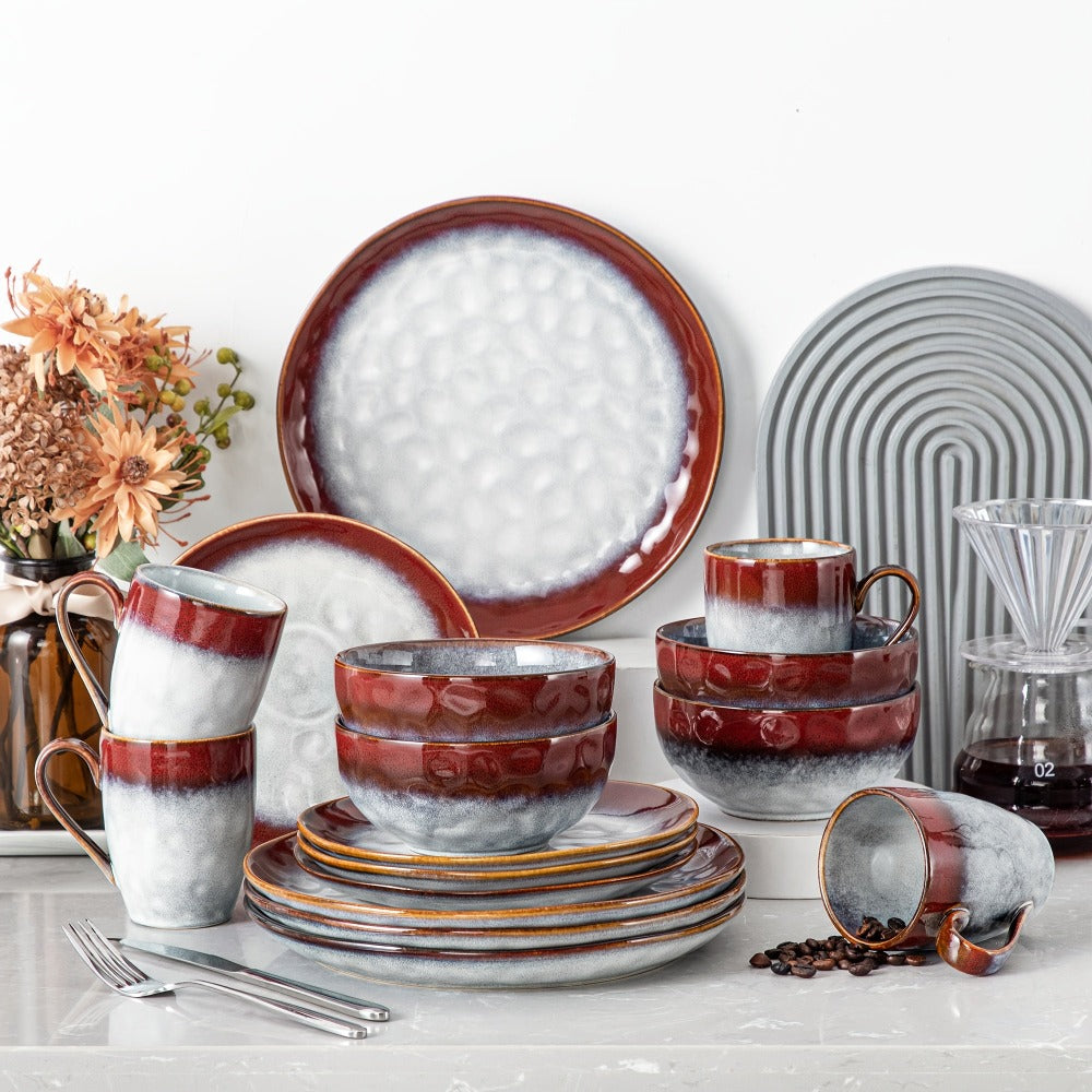 Juego de vajilla de gres de 16 piezas estilo moderno para 4 personas - Platos, cuencos y vajilla con esmalte cocido en horno, platos y cuencos redondos para comidas diarias, entretenimiento festivo, montaje de mesa elegante o uso comercial