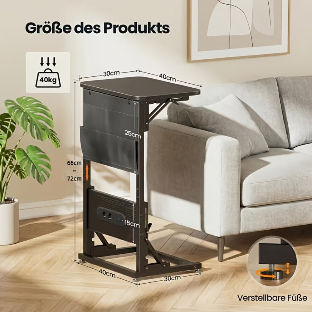 Mesa Auxiliar en Forma de C con Estación de Carga - Mesa Auxiliar Compacta para Sofá, Altura Ajustable de 3 Niveles (66-72Cm/25.9-28.3In), Mesa de Noche Plegable con Bolsillos de Almacenamiento para Espacios Pequeños, Dormitorio, Sala de Estar