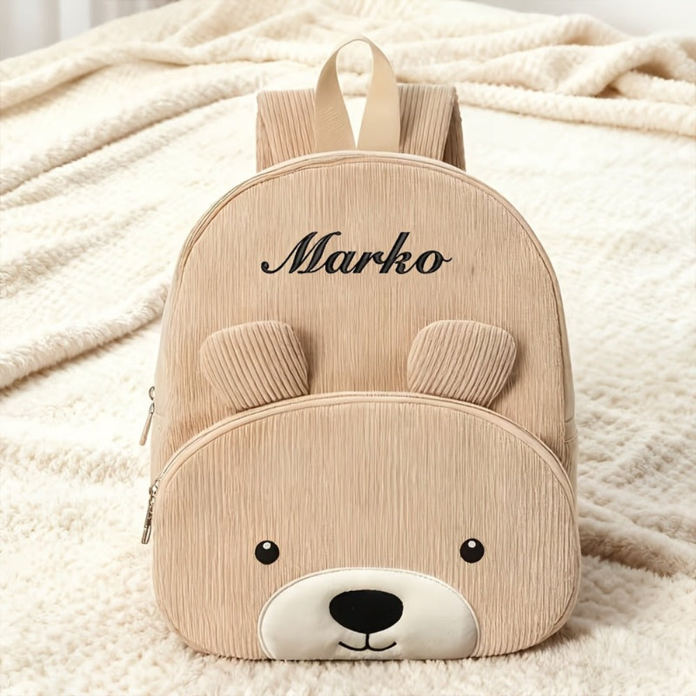 Mochila de Pana con Bordado de Oso Personalizado - Bolso de Hombro Ajustable para Mujeres, Ligero y Transpirable, con Opción de Nombre Personalizado, Forro de Nylon Duradero, Ideal para Regalos de Vuelta al Colegio y Viajes