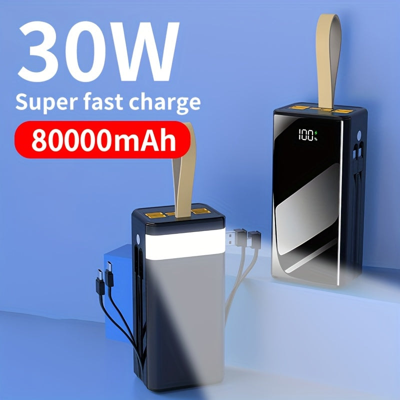 Batería externa | Banco de Energía Portátil de Gran Capacidad 80000mAh, Carga Rápida PD30W, Cable de Datos Integrado/Pantalla LED de Energía