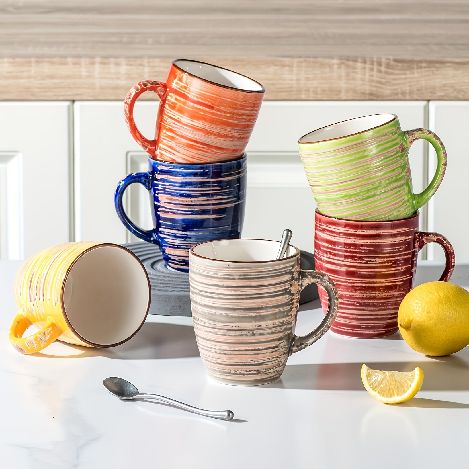 Juego de 6 tazas, Set de tazas de café y té de cerámica estilo rústico chic multicolor, ideal para café/té/chocolate caliente/leche/agua/bebida. (375 ml/13 oz)