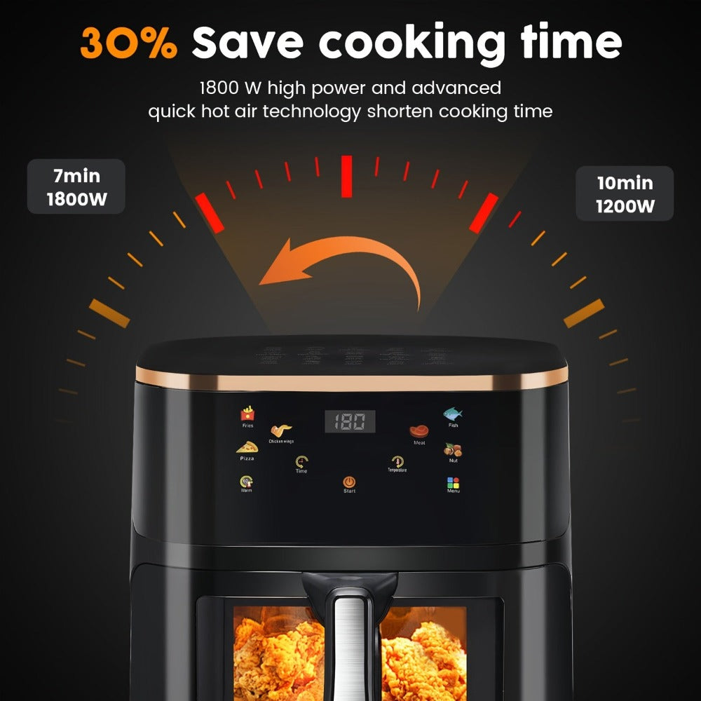 Freidora Inteligente 6 en 1, Capacidad de 10 Litros, Ventana Transparente, 6 Modos Preestablecidos, Control Táctil, Temporizador de 60 Minutos, Temperatura Ajustable (80-200°C), Ideal para Barbacoas Familiares y Comidas Saludables Bajas en Grasa
