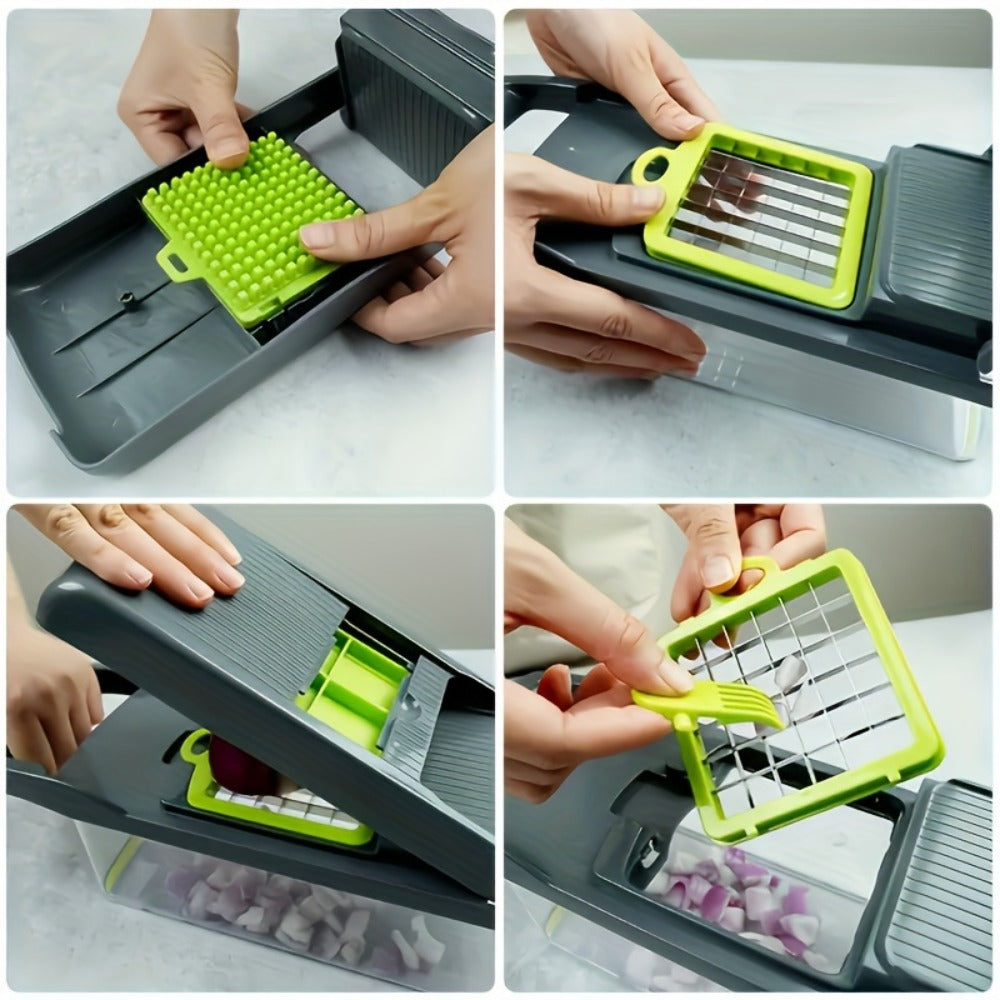 1 Juego de Picadora Manual de Verduras 16 en 1, con 8 Cuchillas, Recipiente, Pelador y Filtro, Fácil para Preparar Comidas, Cortador Profesional de Cebolla, Zanahoria y Ajo, Utensilios de Cocina