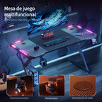 Escritorio gaming resistente en forma de Y con luces LED RGB duales, mesa de ordenador con portavasos y gancho para auriculares, superficie ergonómica de fibra de carbono, mesa para gamers para oficina en casa, dormitorio, negro