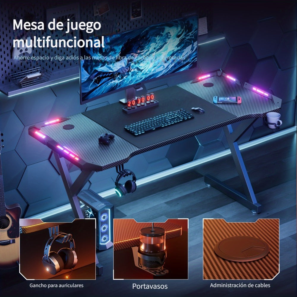 Escritorio gaming resistente en forma de Y con luces LED RGB duales, mesa de ordenador con portavasos y gancho para auriculares, superficie ergonómica de fibra de carbono, mesa para gamers para oficina en casa, dormitorio, negro