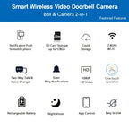 Cámara de Video Timbre Inalámbrica Wi-Fi, Cámara de Video Timbre Interior/Exterior, Detección Humana por IA y Alertas Instantáneas, Visión Nocturna HD 1080P, Audio Bidireccional, Monitor Interior en Tiempo Real, Alimentación USB, Batería de Larga Duración
