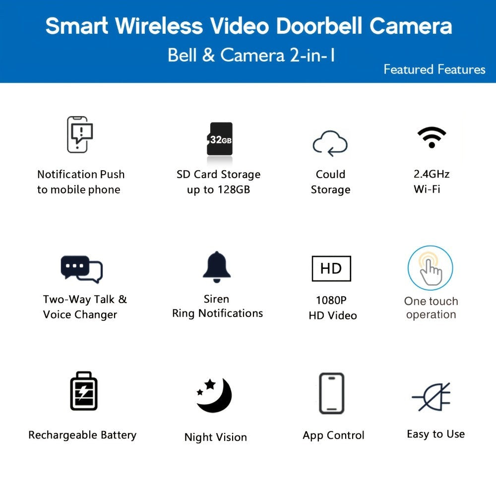 Cámara de Video Timbre Inalámbrica Wi-Fi, Cámara de Video Timbre Interior/Exterior, Detección Humana por IA y Alertas Instantáneas, Visión Nocturna HD 1080P, Audio Bidireccional, Monitor Interior en Tiempo Real, Alimentación USB, Batería de Larga Duración