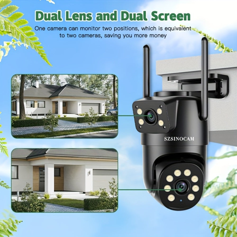 Juego de 3 cámaras de seguridad WiFi SZSINOCAM de 4MP con 2 lentes y 2 pantallas, total 4MP, doble lente 2.4GHz, no compatible con 5GHz, seguimiento humano con IA, visión nocturna en color, para exteriores, previene daños por lluvia, audio bidireccional,