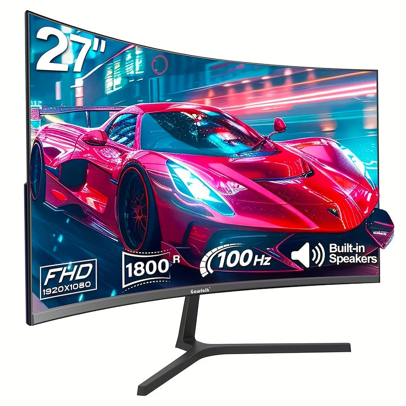 Monitor de gaming curvo Gawfolk de 27 pulgadas 100Hz, pantalla para PC Full HD 1080P, pantalla de ordenador sin bisel de 1800R con tecnología FreeSync y cuidado ocular, compatible con VESA