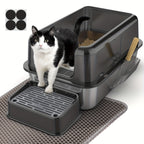 Bandeja de arena para gatos XXL de acero inoxidable con recinto desmontable, gran capacidad de 32L, incluye tapete XXL para arena de gato, pala metálica y escaleras para gatos mayores, apta para todos los gatos