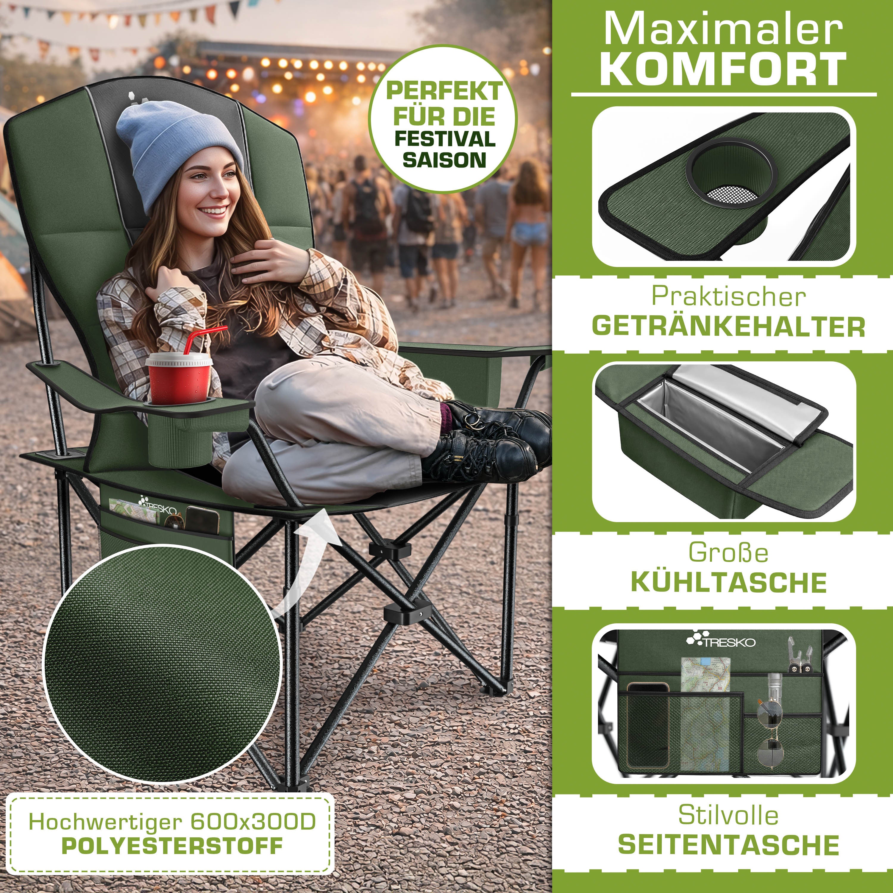TRESKO® Silla de Camping Plegable hasta 200Kg | Silla Plegable con Bolsa Nevera, Portavasos y Bolsillo Lateral | Silla XXL Plegable Incluye Bolsa de Transporte | Silla de Pesca Acolchada para Exterior, Pesca, Festival y Jardín