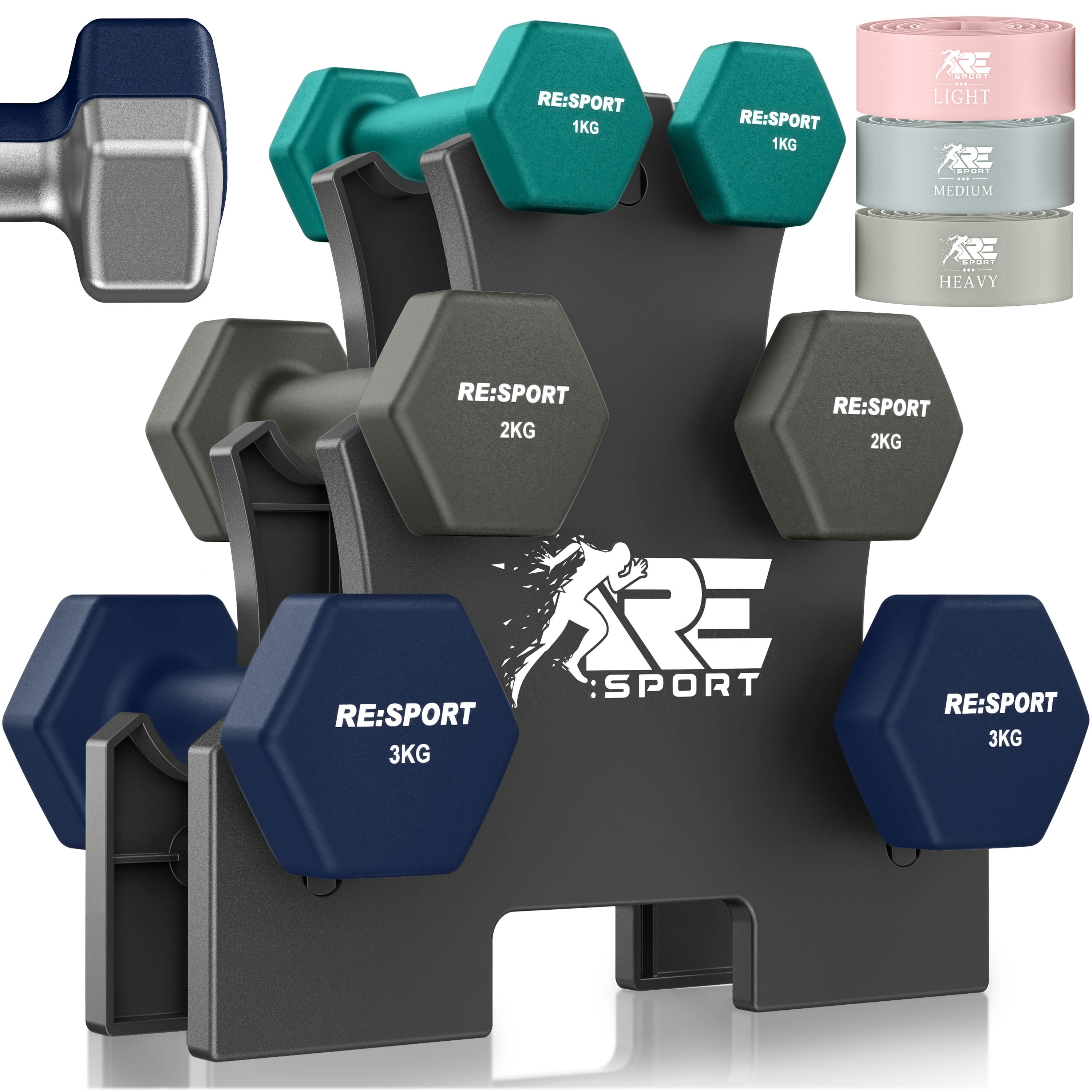 RE:SPORT® Juego de Mancuernas 3 Pares, 1Kg - 5Kg, 12Kg o 18Kg con Soporte y 3 Bandas Elásticas Fitness | Mancuernas Cortas Antideslizantes de Neopreno para Mujeres y Hombres | Juego de Mancuernas