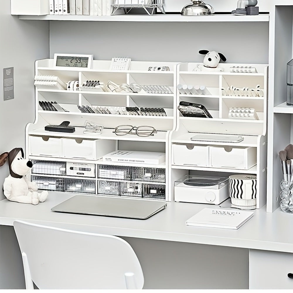 1pc Escritorio Multinivel con Portabolsígrafos Inclinado y Acabado Blanco Mate - Estante Cúbico Ahorrador de Espacio, Estantes de Almacenamiento con Particiones para Suministros de Oficina, Libros, Papelería - Compatible con Organización de Escritorio y O
