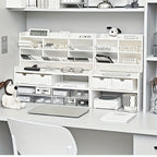 1pc Escritorio Multinivel con Portabolsígrafos Inclinado y Acabado Blanco Mate - Estante Cúbico Ahorrador de Espacio, Estantes de Almacenamiento con Particiones para Suministros de Oficina, Libros, Papelería - Compatible con Organización de Escritorio y O