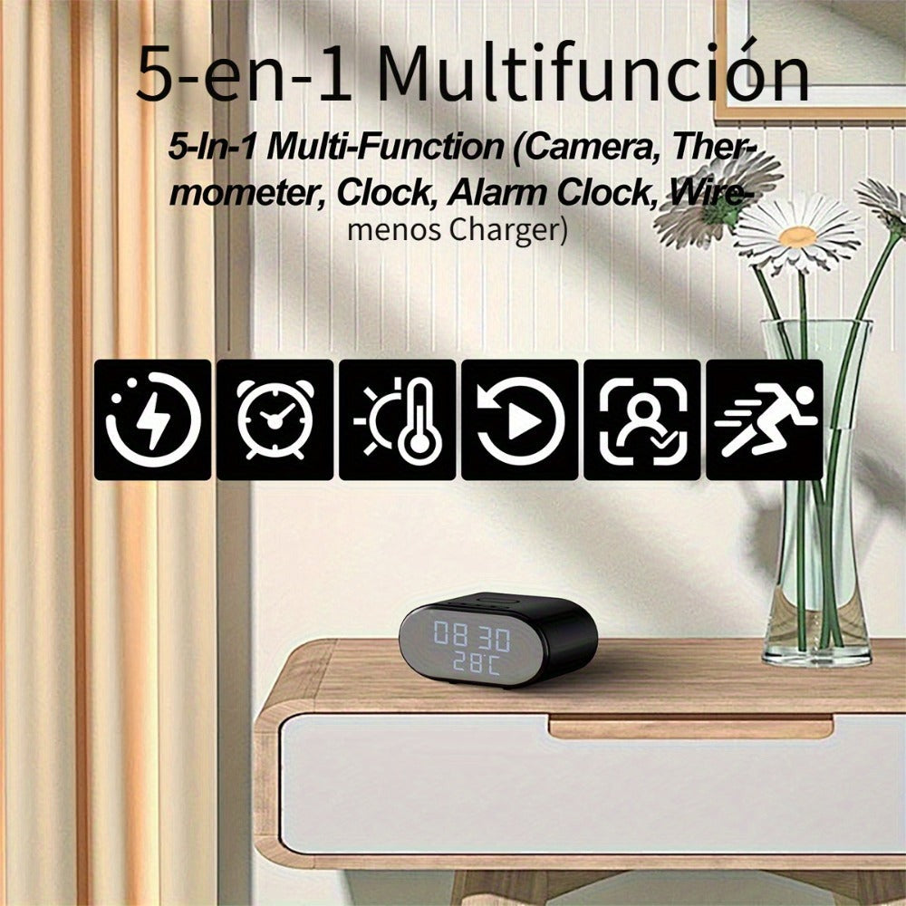 Cámara de seguridad inalámbrica despertador 4K con detección de movimiento, compatible con visualización remota en tiempo real por WIFI, notificaciones de alarma por aplicación y correo electrónico, compatible con Android e IOS, carga USB, incluye tarjeta
