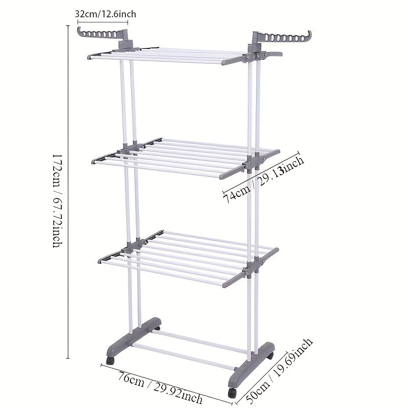 Torre secadora de ropa plegable, torre de metal resistente para lavandería con ruedas, 3 niveles de metal con 6 alas plegables y 2 paneles giratorios, diseño que ahorra espacio, construcción robusta, apta para uso en exteriores e interiores, tendederos