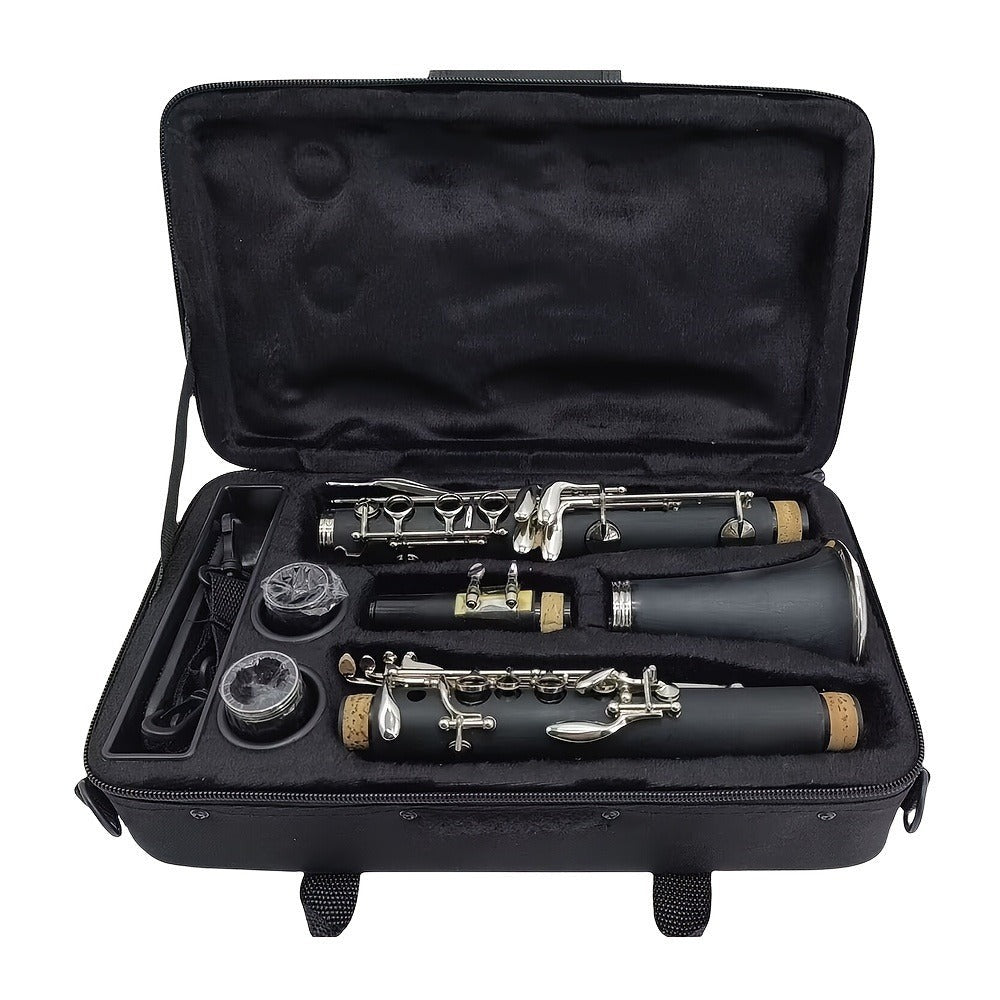 Siemonic Clarinete en Si bemol de 17 llaves, juego de clarinete chapado en níquel con estuche, kit de clarinete para principiantes con kit de limpieza y adicionales, instrumento de viento para práctica, interpretación y uso musical