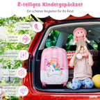 Juego de equipaje para niños de 2 piezas + Mochila, Trolley infantil de plástico, Equipaje infantil, Juego de equipaje de mano para viaje, Maleta rígida para niños y niñas (Unicornio rosa, 12"+16")