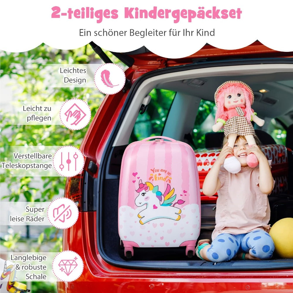 Juego de equipaje para niños de 2 piezas + Mochila, Trolley infantil de plástico, Equipaje infantil, Juego de equipaje de mano para viaje, Maleta rígida para niños y niñas (Unicornio rosa, 12"+16")