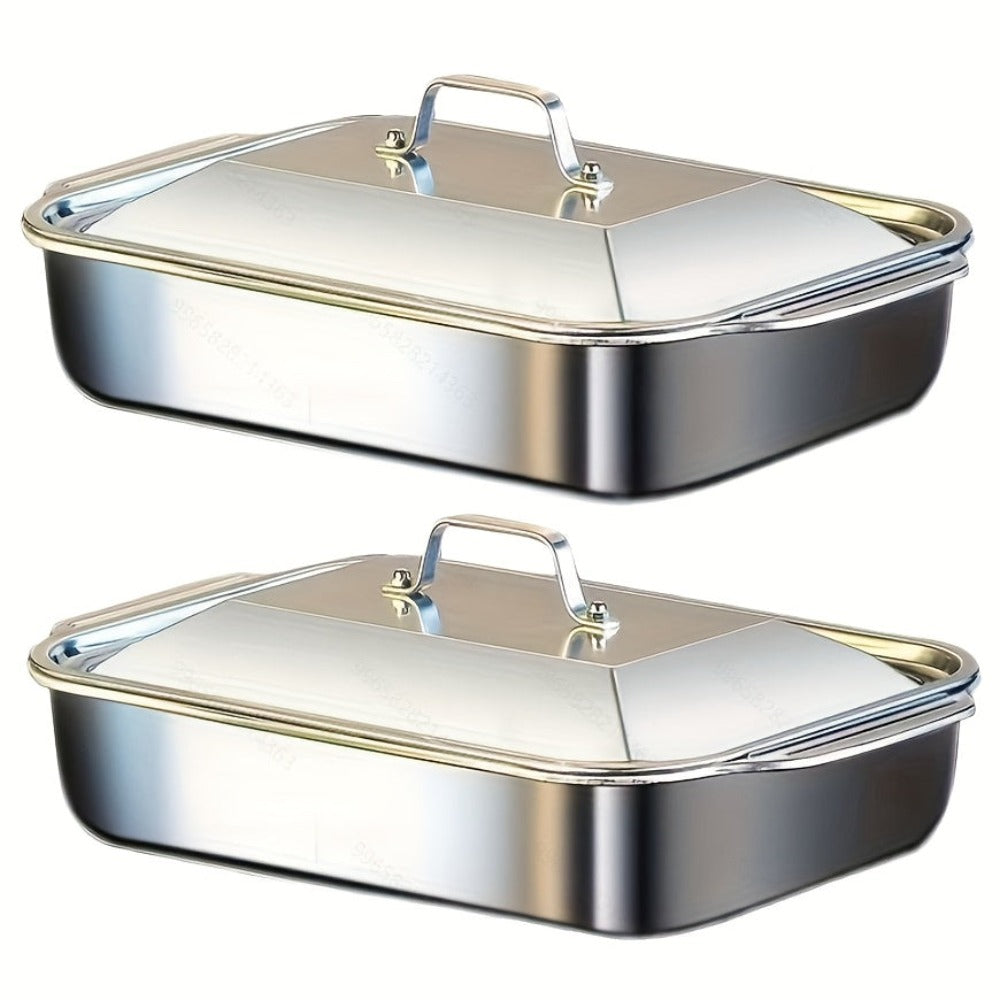 Juego de Bandejas para Hornear de Acero Inoxidable, Bandeja Metálica con Tapa, Diseño de Bordes Altos para Mayor Capacidad, Resistente al Calor hasta 230°C, Fácil de Limpiar, Bandeja para Asar Adecuada para Guisos/Lasaña/Pollo/Verduras