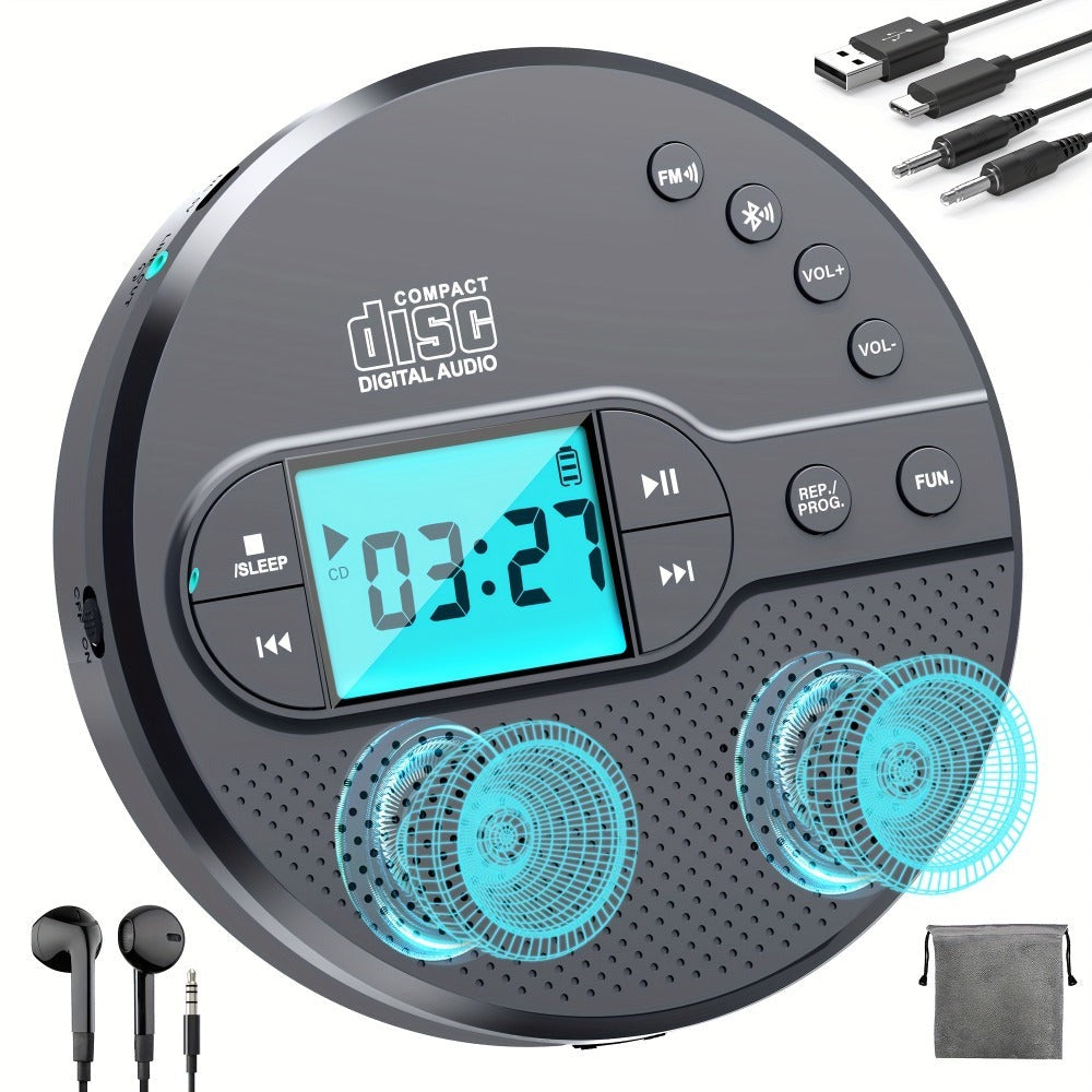 Reproductor de CD Portátil, Reproductor de CD de Alta Calidad y Claridad con Transmisor FM y Altavoz para Coche, Reproductor de CD Recargable con Altavoz Dual y Protección Anti-Saltos, Auriculares, Pantalla LCD 5 Modos de Música