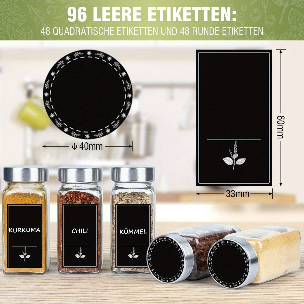 Juego de tarros para especias cuadrados Soontrans [12/24 piezas] con tapa, tarros para especias de 120 ml, agitadores de especias con pegatinas vacías, cepillo de limpieza, colador