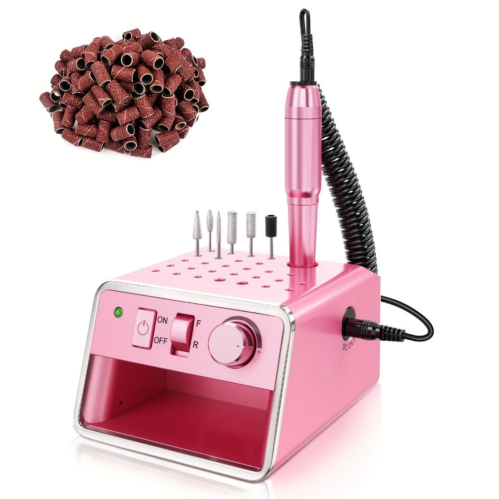 Kit Portátil de Lima Eléctrica para Uñas con 20,000 RPM, Múltiples Brocas y Tiras Pulidoras Para Remover Acrílico o Gel en Salón u Hogar - Rosa