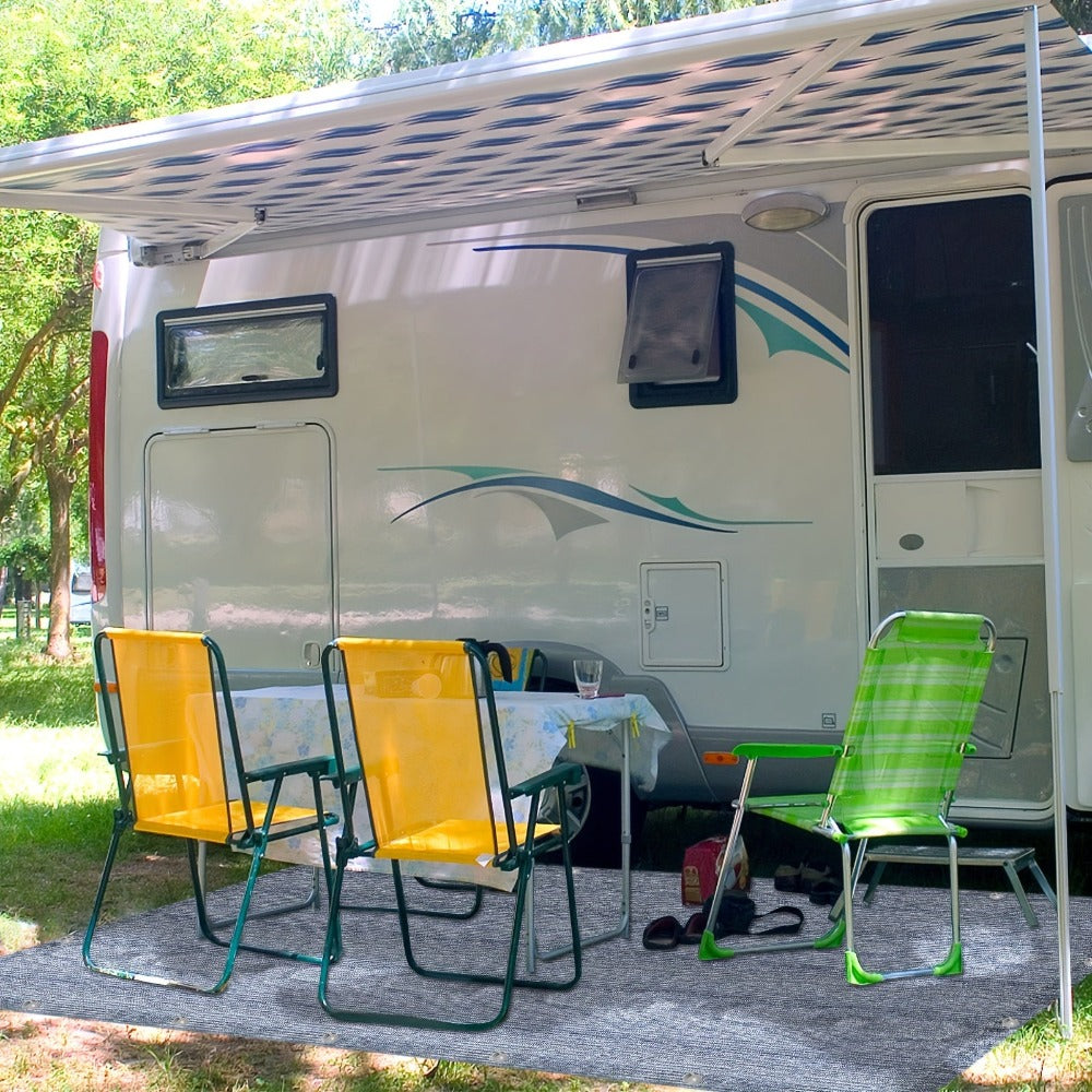 Alfombra para toldo antideslizante, alfombra de camping para exteriores, varios tamaños, suelo para tienda de campaña para caravana/motorhome con bolsa de transporte, orificios de fijación y clavijas (Gris Azul)
