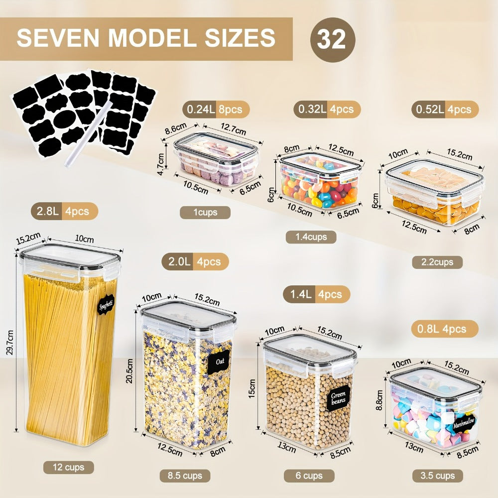 Set de Organización de Cocina Premium de 32 piezas - Contenedores de Almacenamiento Herméticos y Frascos de Especias con Tapas para Refrigerador, Despensa y Gabinete de Cocina - Ideal para Harina, Azúcar, Pasta, Muesli y Suministros para Hornear - Incluye